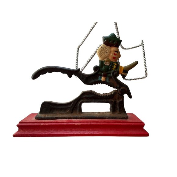 Vintage Cast Iron Figural Nutcracker Red Wooden Base Collectible Kitchen Tool - Picture 4 of 13
